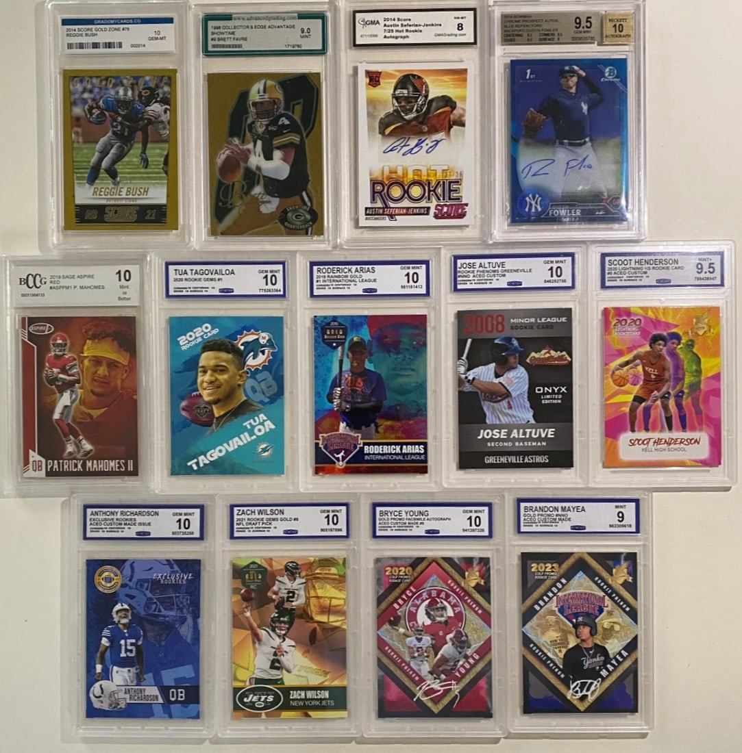BGS Dustin Fowler Auto, Patrick Mahomes, Tua Tagovailoa, Anthony Richardson & Bryce Young Cards: Offered here is a 13-card collection of graded sports trading cards spanning NFL football, MLB baseball, and NBA basketball. This lot features superstar quarterbacks, prospect autographs, top draft pi