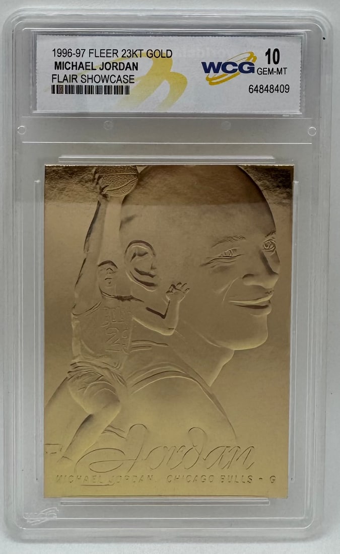 Michael Jordan 1996-97 Fleer Flair Showcase 23KT Gold: Up for auction is a 1996-97 Fleer 23KT Gold Michael Jordan Flair Showcase trading card graded Gem Mint 10 by World Class Grading (WCG). Features a detailed sculptured metallic finish highlighting Hall