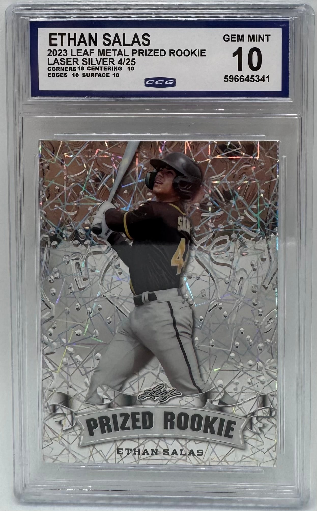 Ethans Salas Rookie Silver /25: 2023 Leaf Metal Prized Rookie Laser Silver Ethan Salas #4/25 - CCG 10 Gem Mint