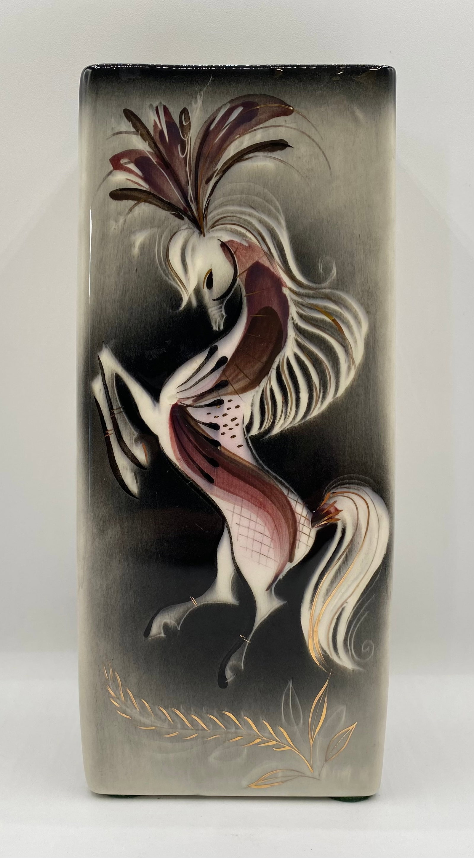 Sascha Brastoff "Star Steed" Rectangular Ceramic Vase - 9": An authentic 1950s Mid-Century Modern California art pottery rectangular block vase designed by Sascha Brastoff, featuring his iconic "Star Steed" motif. The piece showcases a rearing stallion in shad