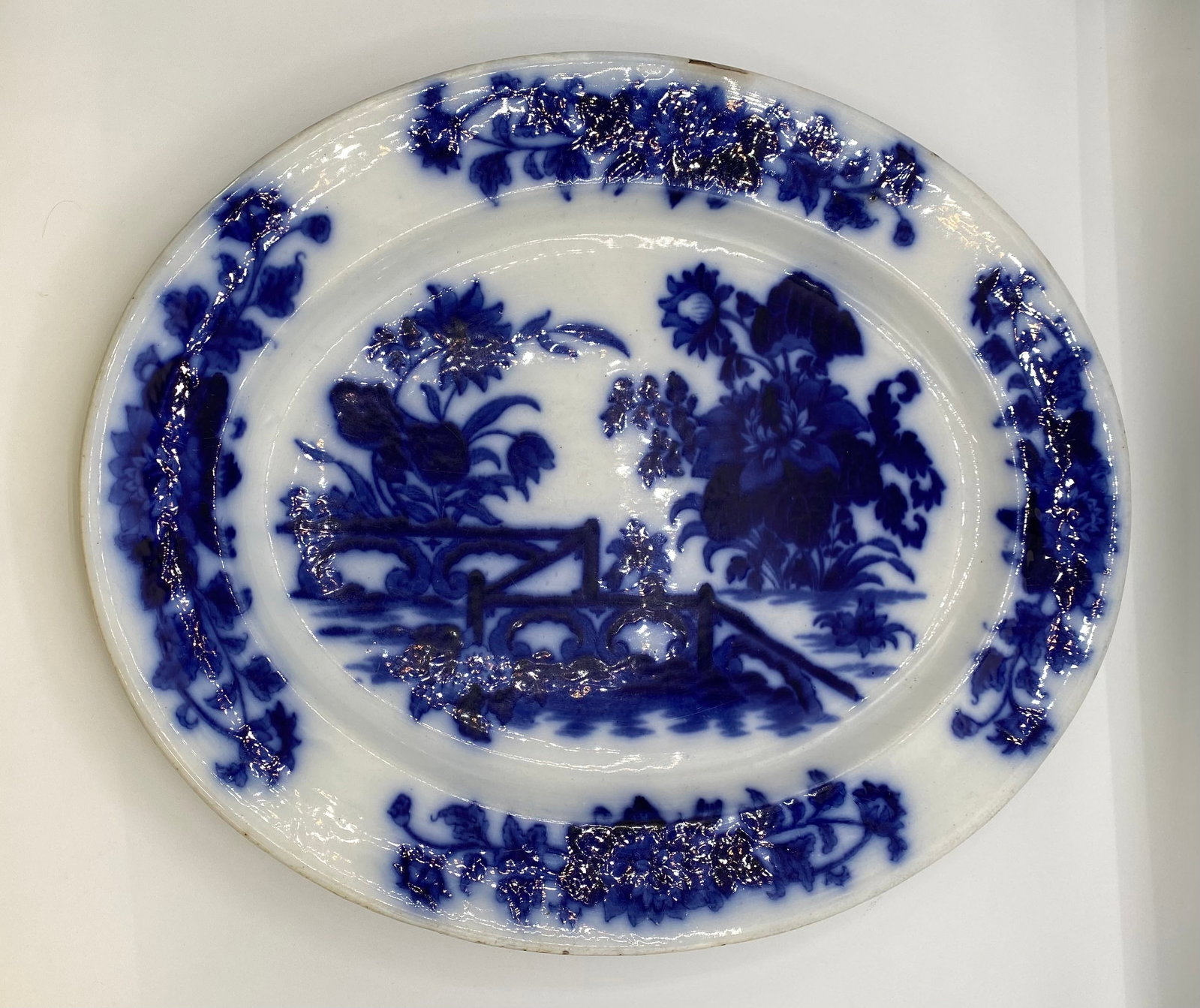 Antique Flow Blue Large Oval Platter - Chinoiserie Floral & Bridge Scene (1 of 4)