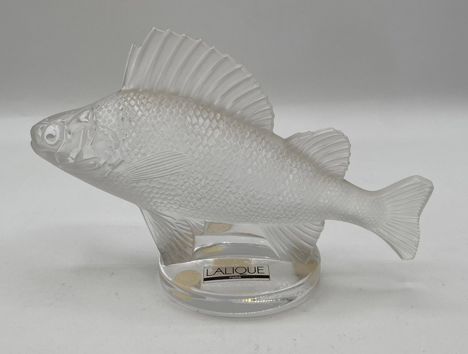 Lalique France Frosted Crystal "Perche" Fish Figurine: Up for auction is an authentic Lalique France frosted and polished crystal fish figurine titled "Perche" (Perch), model #11803. Originally designed by René Lalique in 1929, this fine art crystal scul