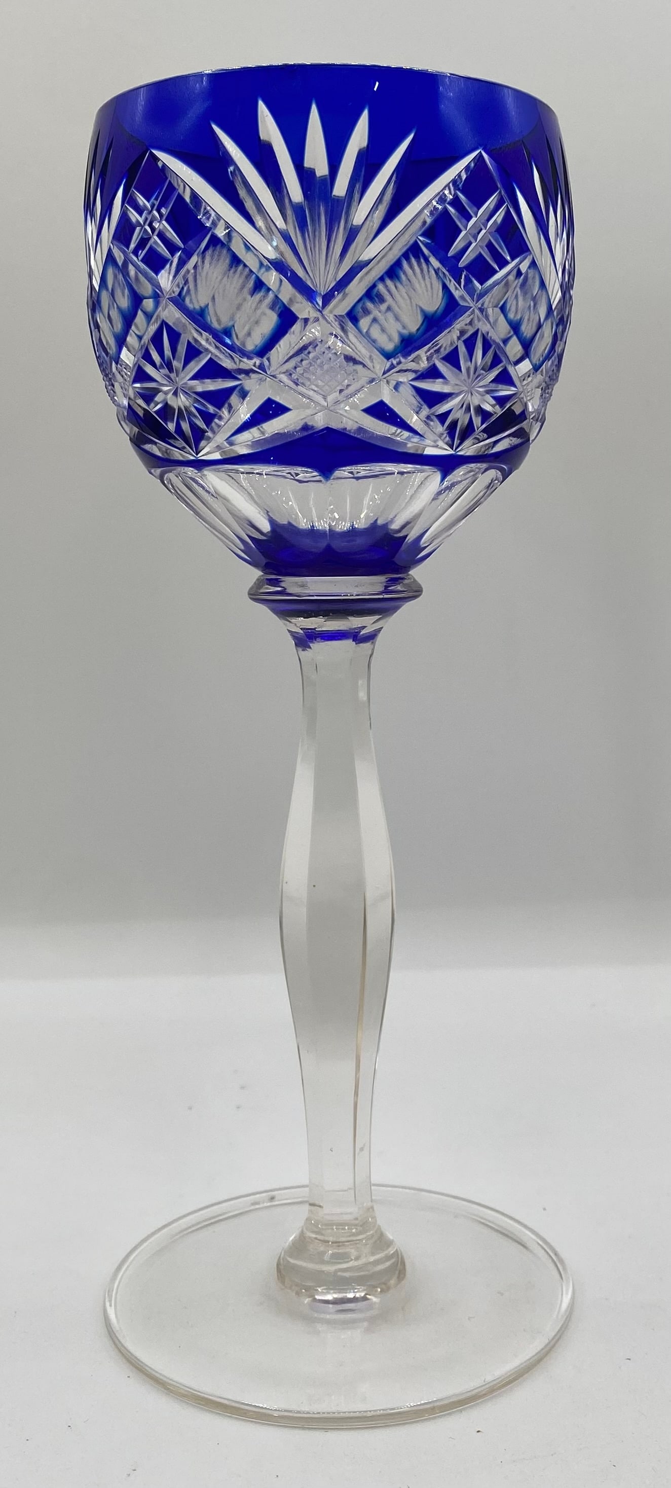 Vintage Bohemian Cobalt Blue Cased Cut-to-Clear Crystal Wine Hock Glass (1 of 3)