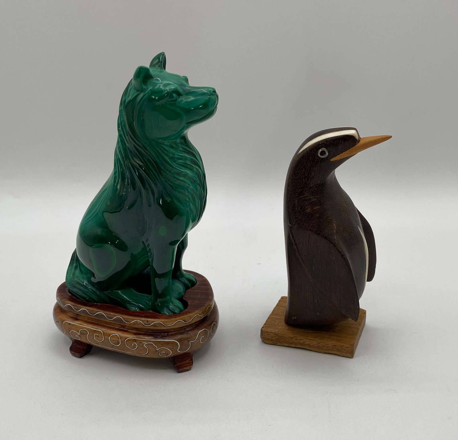 Carved Malachite Wolf on Wire-Inlaid Stand & Mixed Wood Penguin Figurine, Lot of 2 (1 of 2)