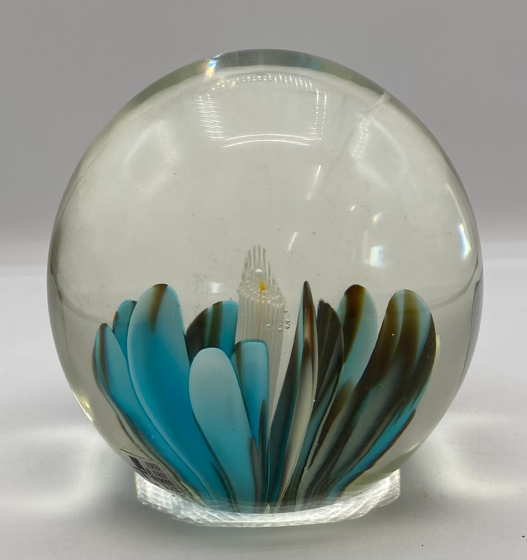 Vintage Murano Glass Italian Art Glass Floral Paperweight w/ Label: Up for auction is a substantial vintage hand-blown Italian Murano art glass paperweight sphere. Features a inner blue and brown striped floral bloom enclosing a textured white stamen center surrounded