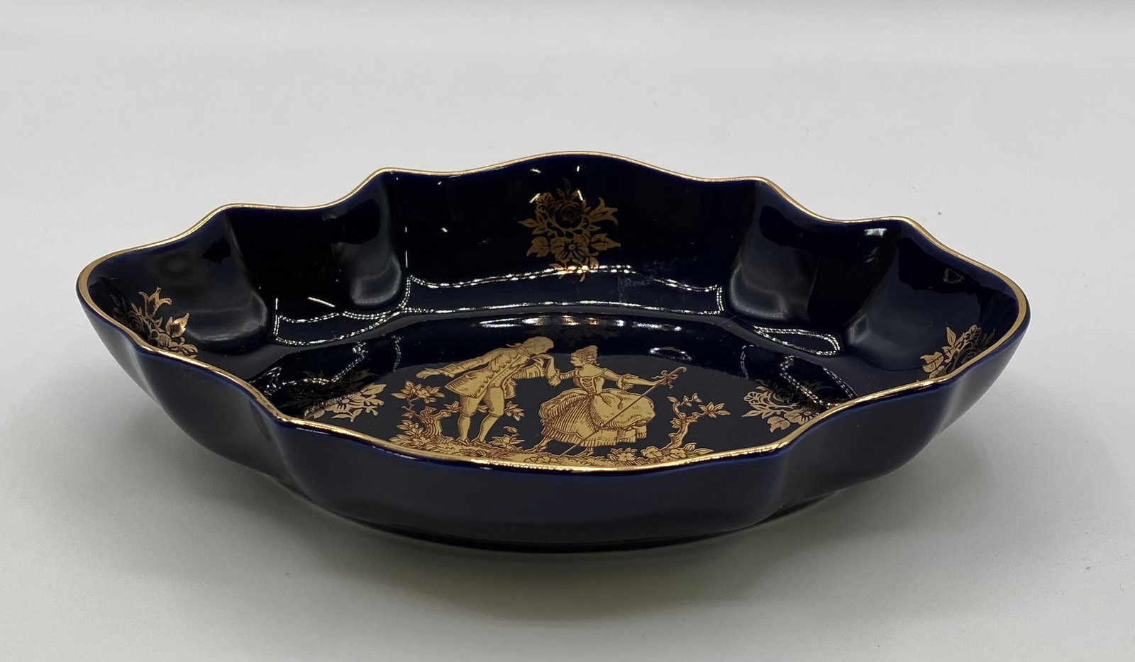 Vintage Limoges French Cobalt Blue & 22K Gold Courting Couple Dish (1 of 4)