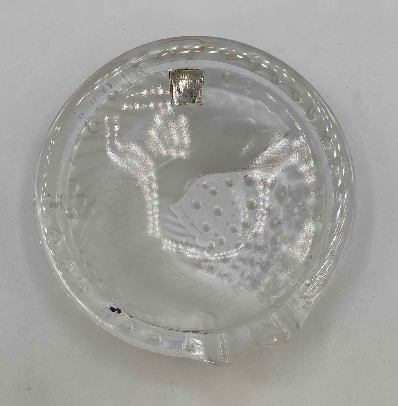 Vintage French Style Crystal Fish Motif Oval Ashtray / Catchall Dish: Up for auction is a vintage clear and frosted crystal oval ashtray / vanity dish. Features an embossed aquatic motif on the underside depicting a swimming fish surrounded by textured scales and bubble