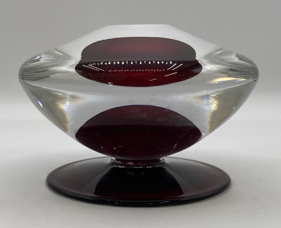 Signed Michael Taylor 2007 Modernist Cased Ruby Red & Clear Studio Art Glass Vessel / Bowl: Signed Michael Taylor 2007 Modernist Cased Ruby Red & Clear Studio Art Glass Vessel / Bowl