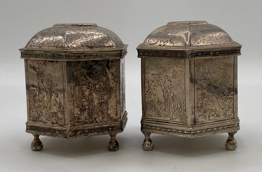 Pair Metropolitan Museum of Art (MMA) Silverplate Hexagonal Engraved Tea Caddies / Tea Boxes (1 of 2)