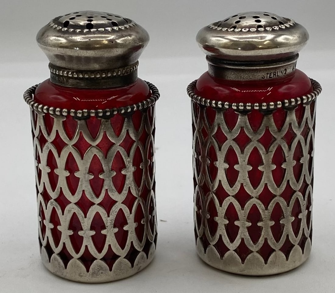 Pair Webster Silver Cut-Out Overlay Ruby Red Glass Salt & Pepper Shakers (1 of 2)