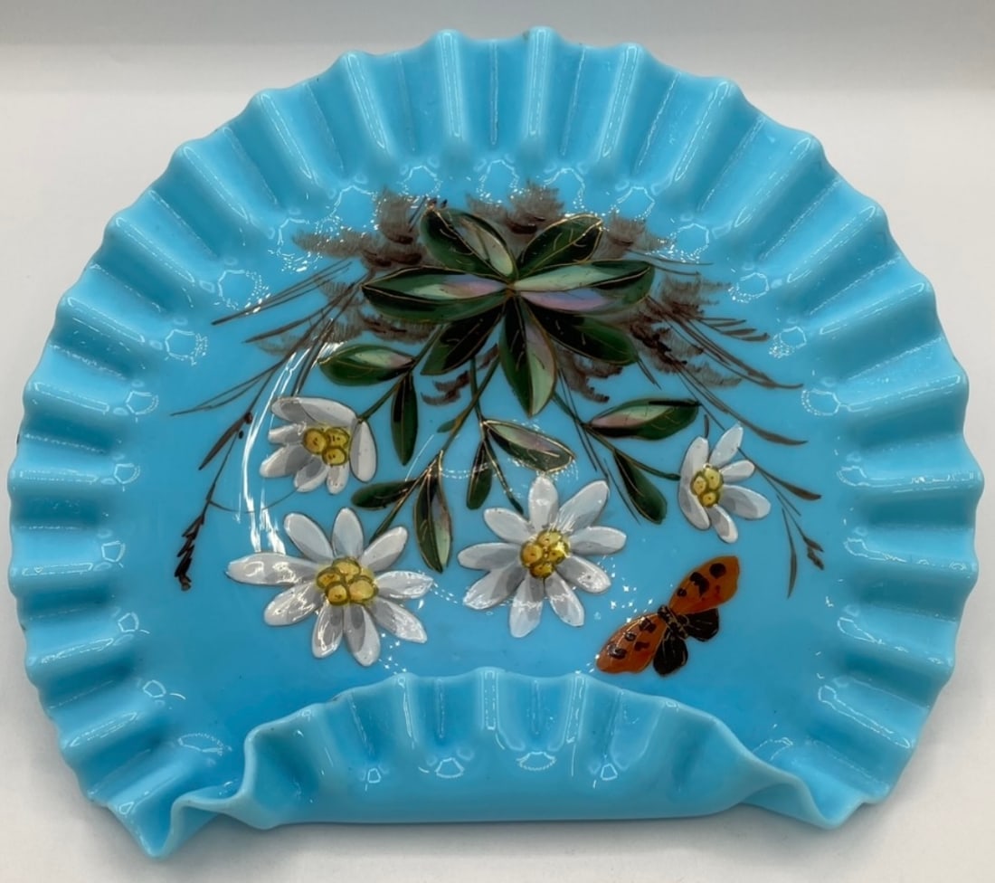 Antique / Vintage Hand-Painted Light Blue Opaline Glass Card Receiver / Ruffled Dish: Antique / Vintage Hand-Painted Light Blue Opaline Glass Card Receiver / Ruffled Dish