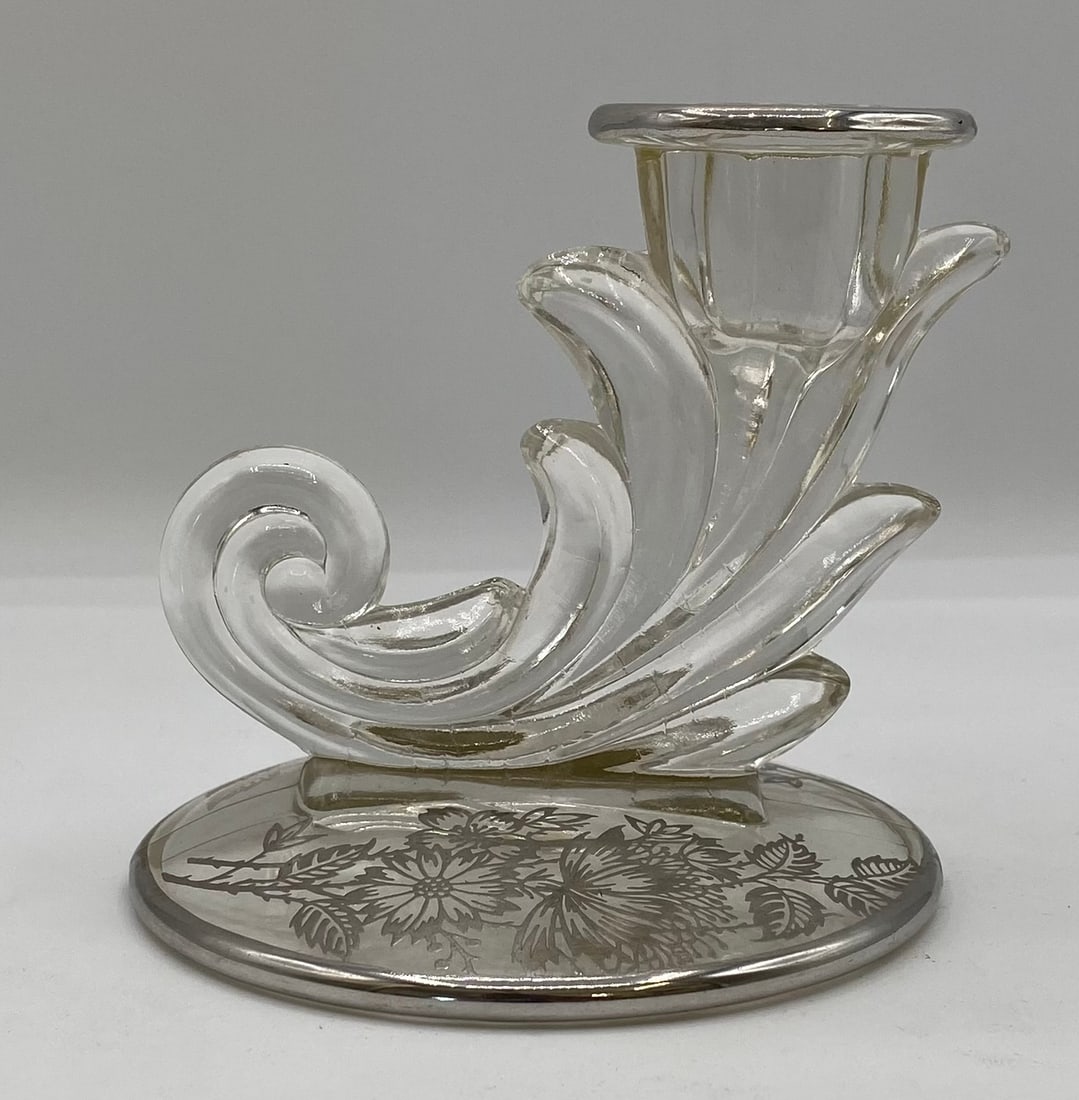 Vintage Clear Glass Cornucopia Horn Candlestick Holder with Silver Deposit Floral Base (1 of 1)