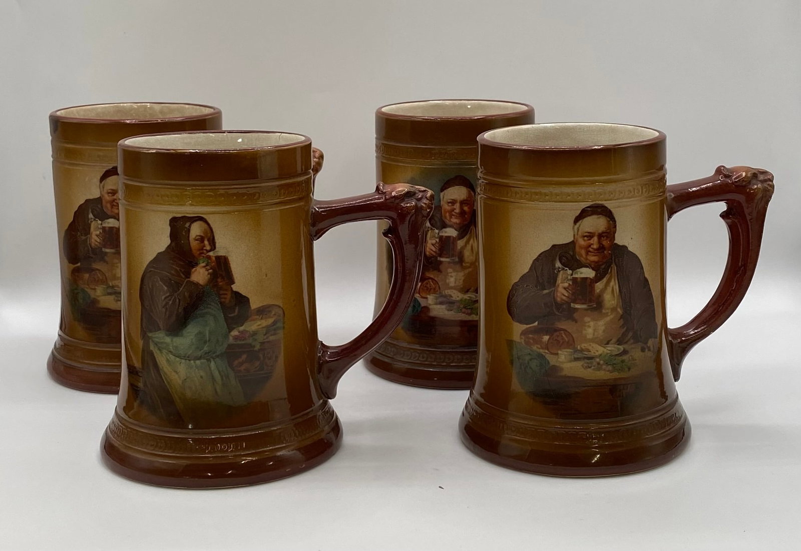 Set of 4 Vintage German Ceramic Beer Steins - Monks & Tavern Scenes with Lion Handles (1 of 1)