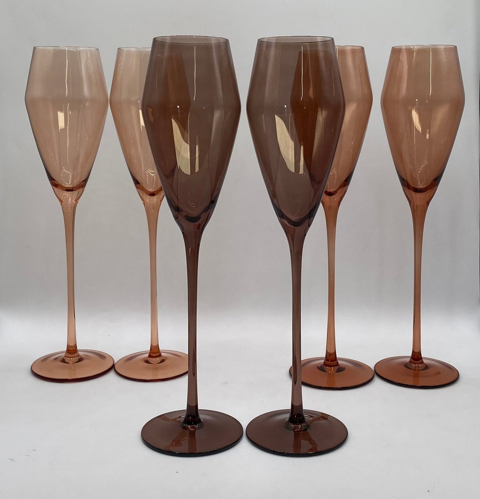 Set of 6 Mid-Century / Contemporary Smoked Amber Glass Champagne Flutes: Set of 6 Mid-Century / Contemporary Smoked Amber Glass Champagne Flutes