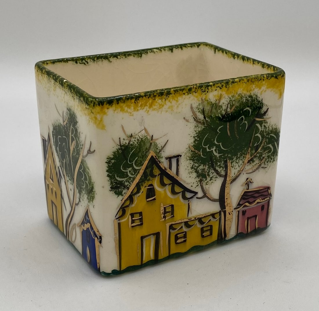 Mid-Century Modern Ceramic Square Planter - Hand-Painted "Houses (1 of 1)