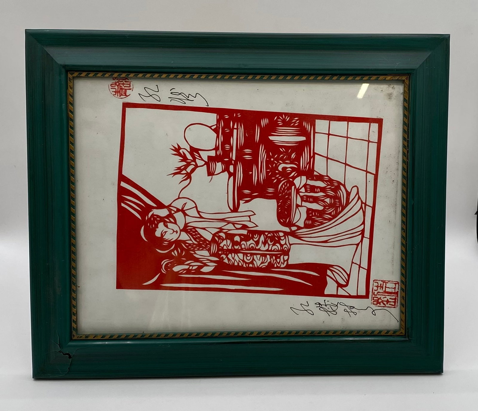Vintage Framed Chinese Red Paper Cut-Out Folk Art - Woman at Table Scene (1 of 1)