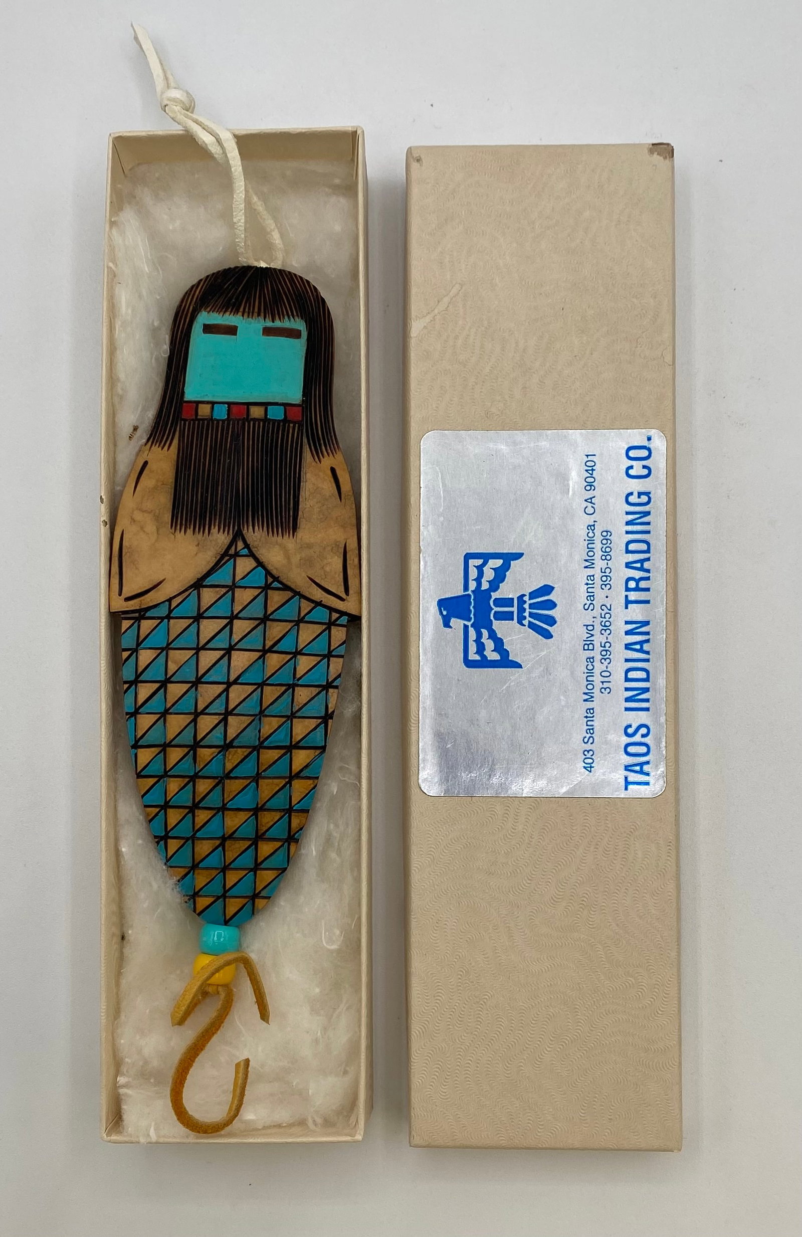 Native American Style Inlaid Wooden Katsina / Figure Ornament - Taos Indian Trading Co. Box: Native American Style Inlaid Wooden Katsina / Figure Ornament - Taos Indian Trading Co. Box