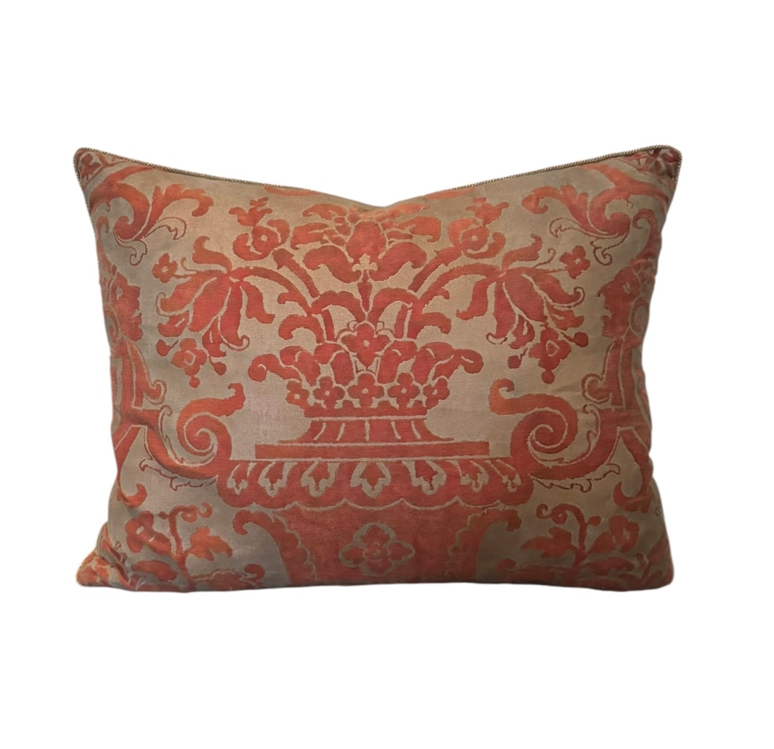 Custom Red Fortuny Pillow: Custom red Fortuny pillow with metallic gold trim. DIMENSIONS: 19"W x 15"H . CONDITION: Excellent. No Reserve. The opening bid is the winning bid.