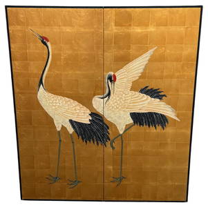 Antique Japanese 2 Panel Crane Screen: A beautiful antique 2 panel gold leaf Japanese screen depicting two dancing cranes. An ebonized wood frame with two gold brackets extending from the top is visible when mounted. DIMENSIONS: 48"W x 1"D