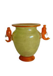 Vintage Favrile Glass Vase with Goldfish Handles: Unique vintage yellow favrile glass vase with goldfish handles. DIMENSIONS: 6"W x 6"D x 7.75"H CONDITION: Excellent. No Reserve.