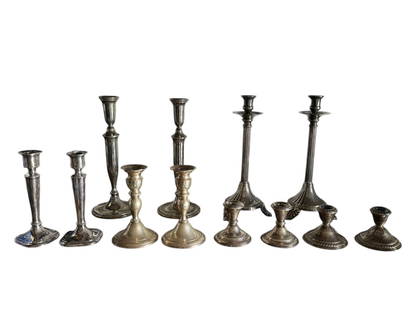 Set of 6 Assorted Vintage Silver Candlesticks: Set of 6 assorted vintage silver candlesticks. CONDITION: Excellent. No Reserve.