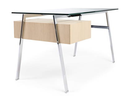 Vintage Homework Desk by Niels Bendtsen: A vintage Niels Bendtsen Homework 1 Desk with a glass top. DIMENSIONS: 48"W x 27.5:D x 28.5"H CONDITION: Vintage condition. Small chip on drawer. No Reserve.