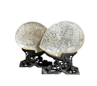 Rare Pair Vintage of Chinese Mother-of-Pearl Shell Bookends on Carved Rosewood Stands (1 of 5)
