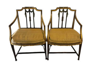 Pair of Rare Antique Handpainted English Sheraton Side Chairs with Custom Cushions in Jim Thompson (1 of 3)