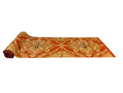Orange and Gold Silk Japanese Obi Table Runner: Vintage orange silk and metallic gold embroidered Japanese obi table runner. DIMENSIONS: 12"W x 85.5"L. CONDITION: Excellent. No Reserve.