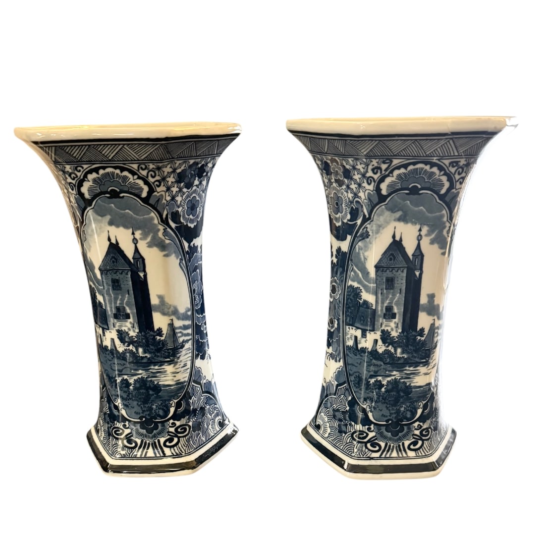 Vintage Flared Top Delft Vases with Tower Scene (1 of 5)
