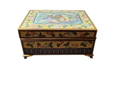Japanese Cloisonne Box Depicting a Phoenix: A Japanese yellow cloisonne box depicting a phoenix. DIMENSIONS: 4.75"W x 4"D x 2.25"H. CONDITION: Excellent. No Reserve.