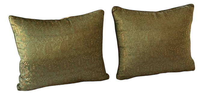 Pair of Antique Silk Sari Pillows: Pair of antique green and gold embroidered silk Indian sari pillows finished with a silk cord trim and velvet backing. DIMENSIONS: 17"W x 13.5"H. CONDITION: Excellent. No Reserve.
