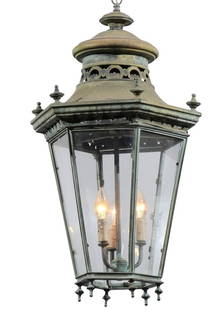 Antique Verdigris Copper Lantern: An antique three-light hexagonal verdigris copper lantern with a pagoda-shaped roof. DIMENSIONS: 17&rdquo;D x 27&rdquo;L. CONDITION: Excellent.