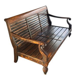 Wood Sofa Bench: Wood sofa bench. DIMENSIONS: 75"W x 36"D x 36"H. CONDITION: Newly Refinished.