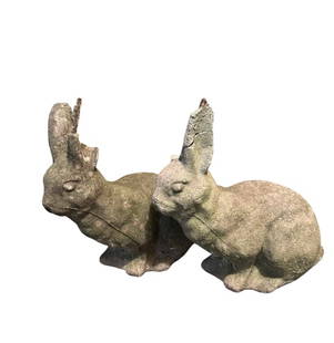 Pair of Large Antique Stone Bunnies: Pair of antique large stone bunnies. DIMENSIONS: 6"W x 13"D x 12"H. CONDITION: Very Old. See images.