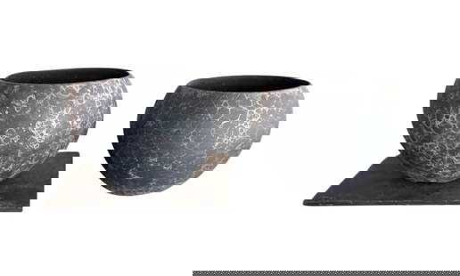 Pair of Ceramic Grey Bonsai Pots: A pair of circular grey ceramic bonsai pots. Comes with one square slab of slate. Pots: 4āD x 4āH. Slate: 6āW x 6āD.