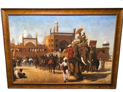Reproduction of Edwin Lord Weeks “The Return Of The Imperial Court From The Great Mosque At Delhi,: A large reproduction of an “The Return Of The Imperial Court From The Great Mosque At Delhi, In The Reign Of Shah Jehan&rdquo; by Edwin Lord Weeks. Framed in wood. DIMENSIONS: 65&rdquo;W x 1.5&rdquo