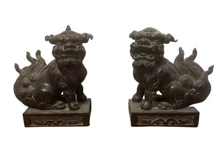 Pair of Antique Bronze Japanese Shi Shi Dogs: A pair of finely detailed antique bronze Japanese Shi Shi dogs. DIMENSIONS: 4.25"W x 3.75"D x 5"H