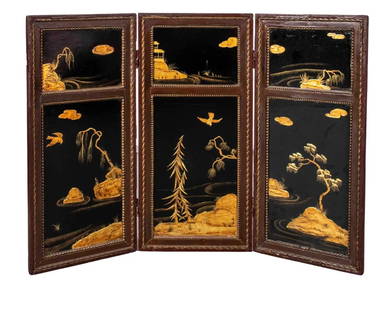 Antique 3 Panel Chinese Chinoiserie Table Screen: An antique 3 panel Chinese chinoiserie table screen. DIMENSIONS: 45&rdquo;W x 1&rdquo;D x 31.25&rdquo;