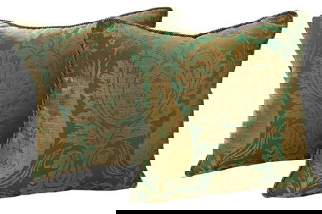 Pair of Custom Green and Gold Damask Pillows: An exquisite pair of custom made green and gold pillows. The front facing fabric is a Christopher Hyland Silk Damask and the back is Prelle silk velvet.