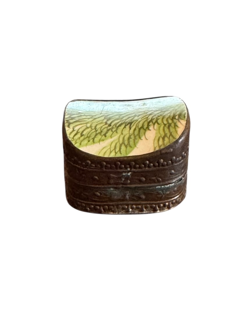 Painted Enamel and Metal Box: Painted Enamel and Metal Box. DIMENSIONS: 1.75” x 2” x 1.5”
