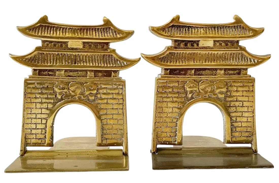Pair of Vintage Brass Pagoda Bookends: Pair of Vintage Brass Pagoda Bookends. DIMENSIONS: 3.75”W x 4.75”D x 5”H