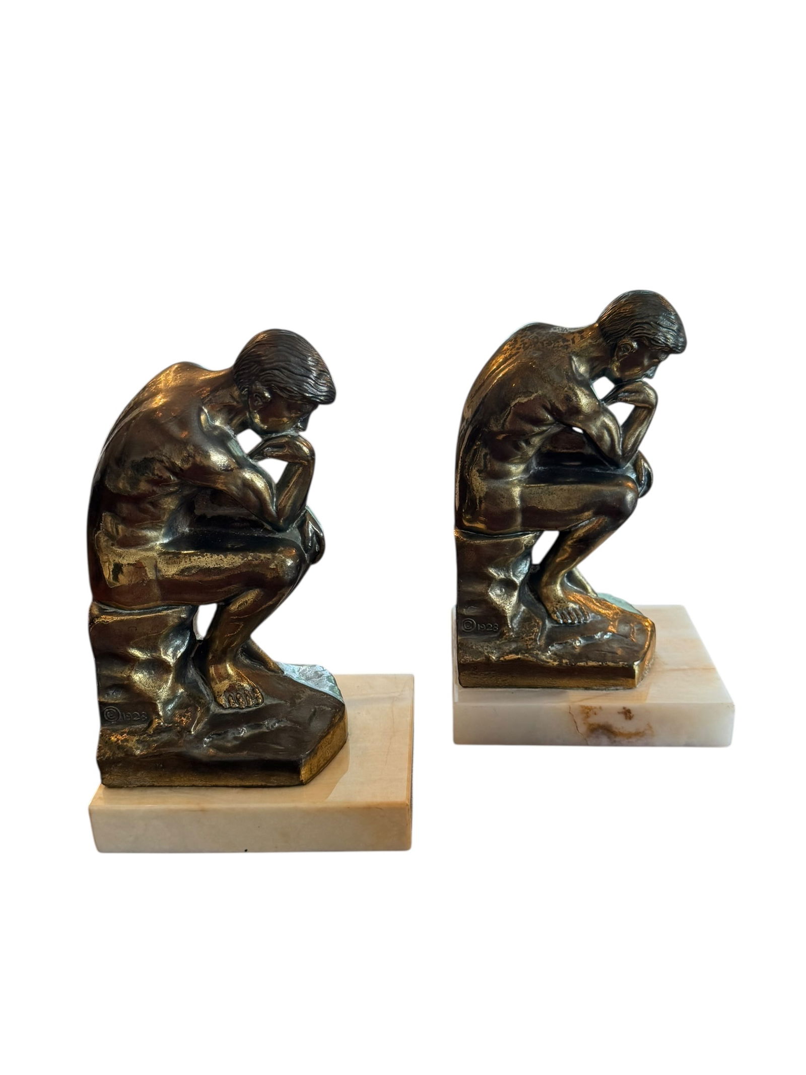 Metal & Marble Thinker Bookends: Metal & Marble Thinker Bookends. DIMENSIONS: 5" x 4” x 8”