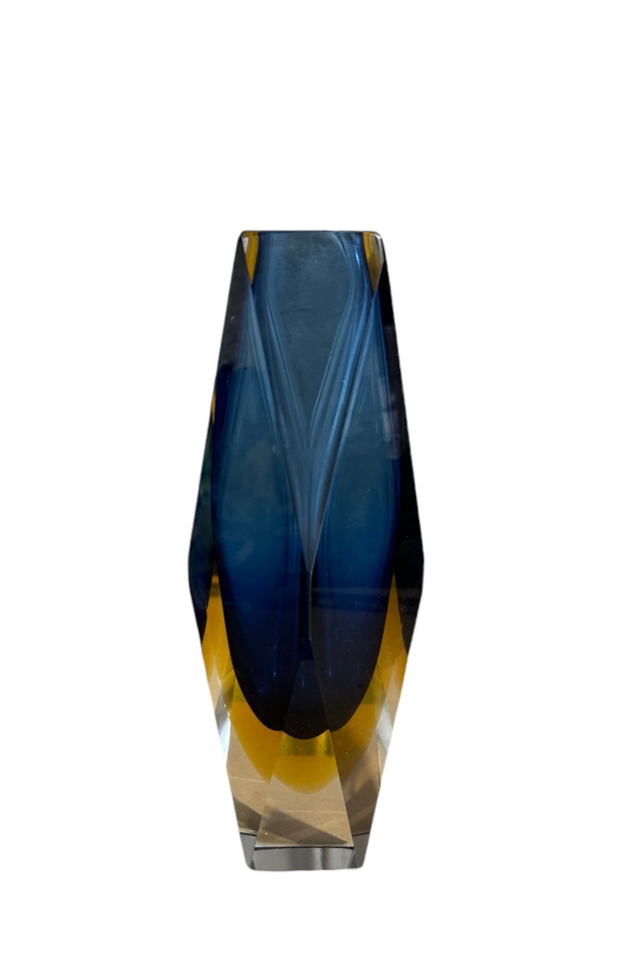A beautiful Flavio Poli Mid-Century Murano Vase Cobalt Blue,Yellow & Clear Faceted Art Glass: A beautiful Flavio Poli Mid-Century Murano Vase Cobalt Blue,Yellow & Clear Faceted Art Glass. DIMENSIONS: 4.3” x 4.3” x 11.8”