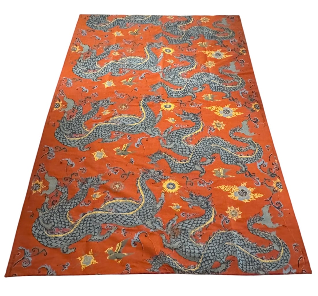 Jim Thompson Orange Silk Dragon Print Fabric: Jim Thompson Orange Silk Dragon Print Fabric. DIMENSIONS: 54”W x 82”L