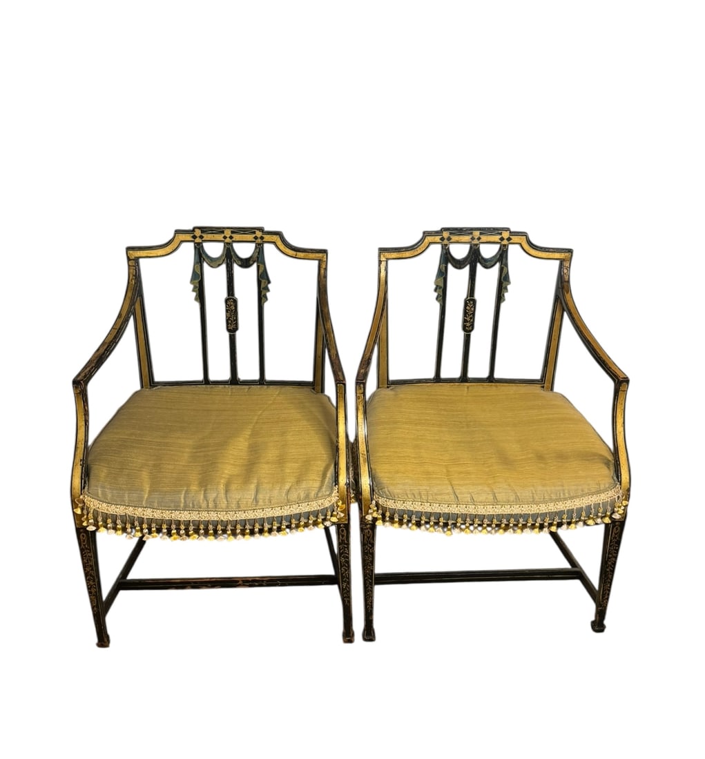 Pair of rare antique hand-painted English Sheraton side chairs: Pair of rare antique hand-painted English Sheraton side chairs newly upholstered in a Jim Thompson silk with a silk tassel fringe trim.