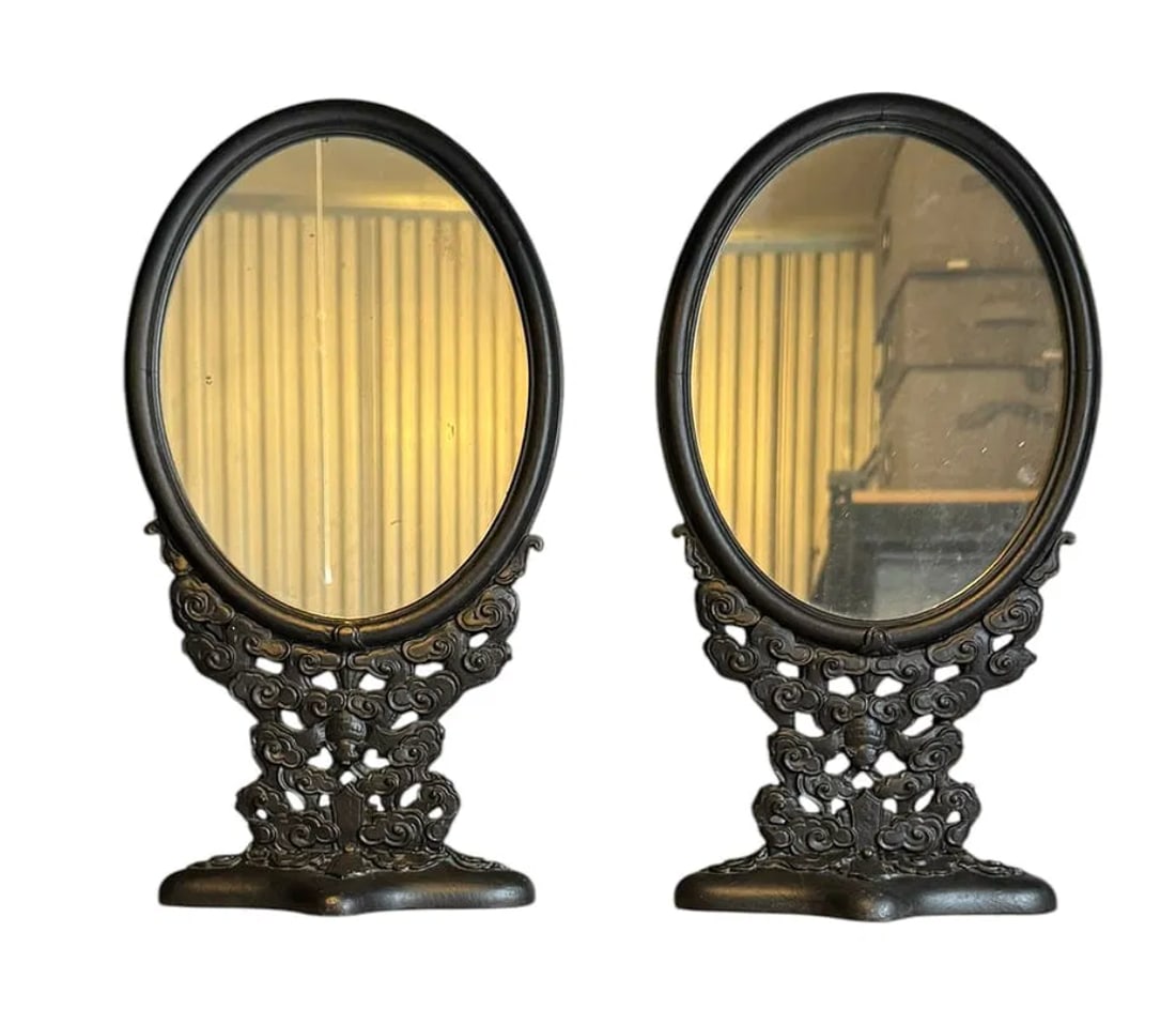 Pair of antique carved Asian oval tabletop mirrors (1 of 6)