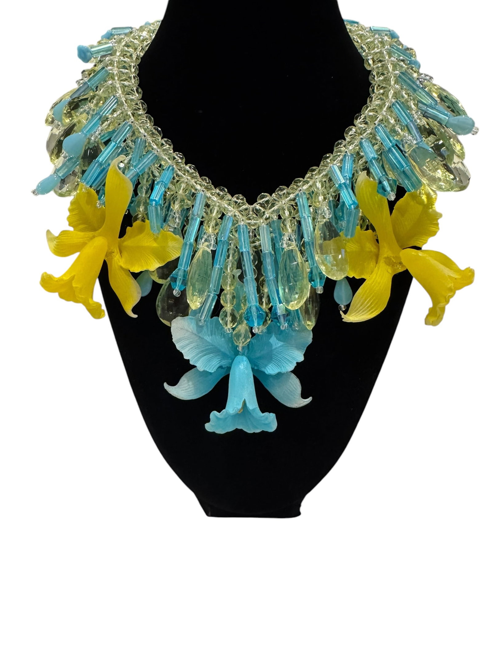 A rare vintage yellow and blue crystal beaded iris necklace by Stanley Hagler: A rare vintage yellow and blue crystal beaded iris necklace by Stanley Hagler
