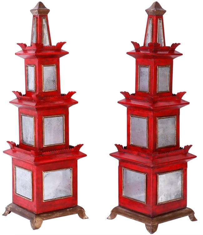 Pair of vintage red and mirrored pagodas: Pair of vintage red painted and mirrored pagodas. DIMENSIONS: 12"W x 12"D x 40"H