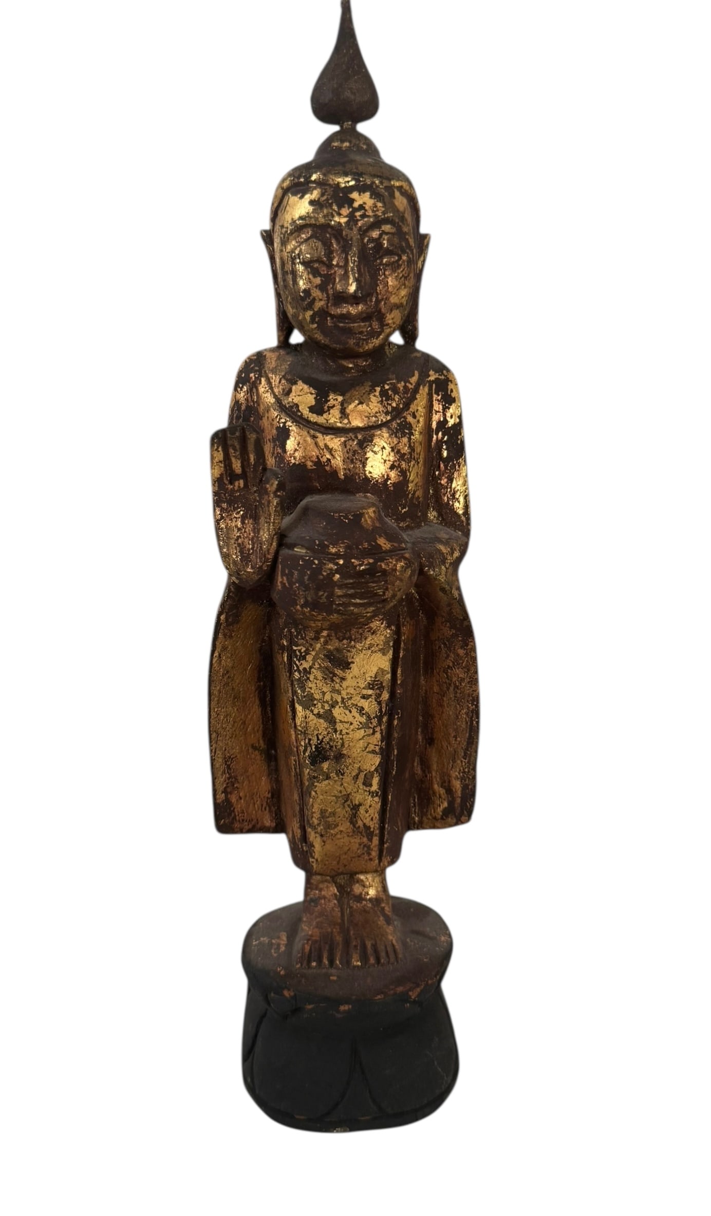 An antique giltwood Thai Buddha: An antique giltwood Thai Buddha. DIMENSIONS: 2.75"W x 3"D x 14"H